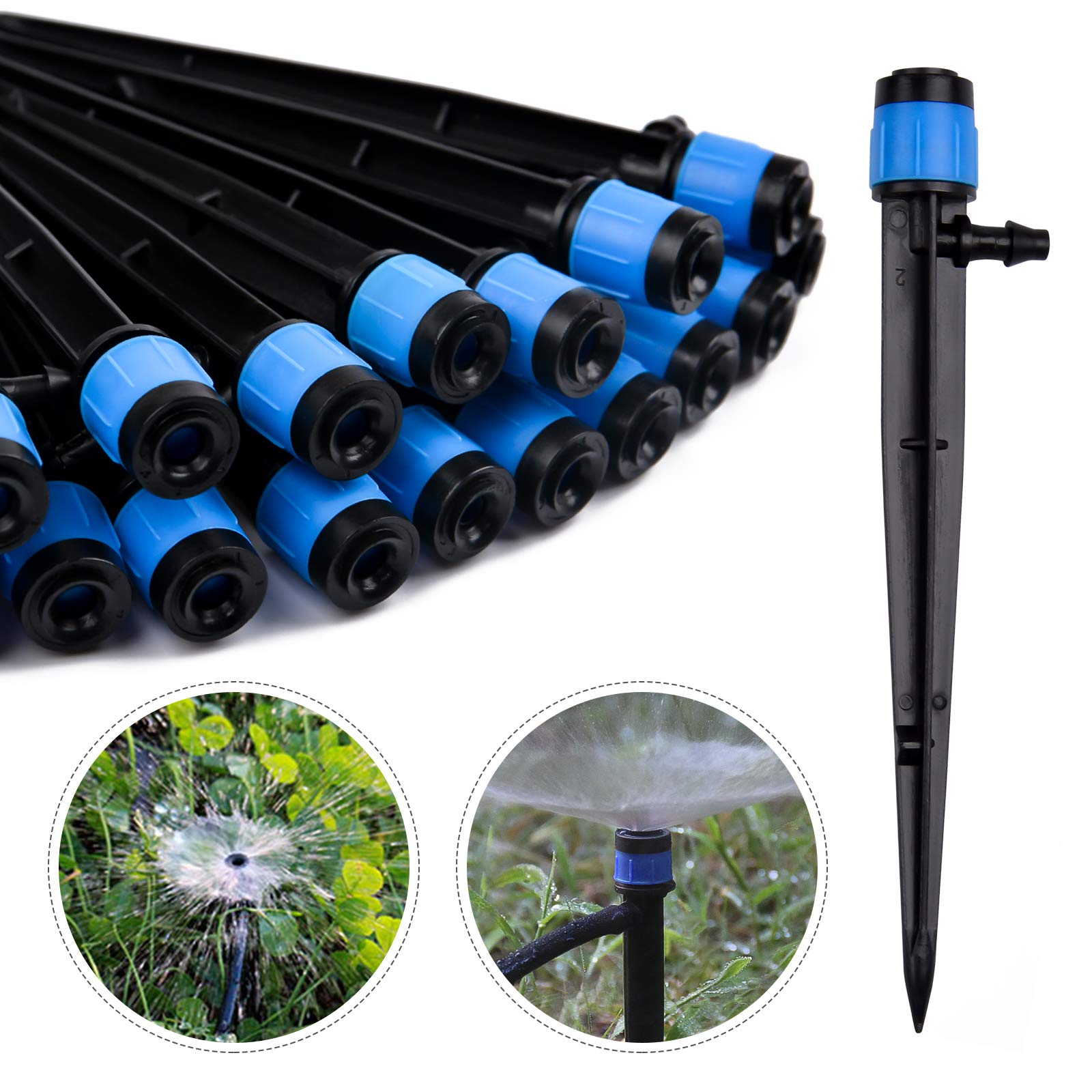 Kalolary 100pcs Irrigation Drippers Drip Emitters, 360 Degree Adjustable Irrigation Drip Drippers Fits 1/4 (4-6mm) Irrigation Tube, for Water Flow Irrigation System (Blue)