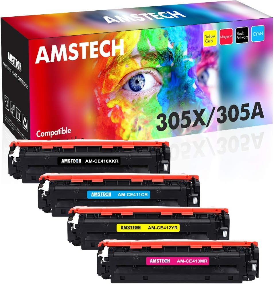 Amstech Compatible Toner Cartridge Replacement for HP 305A 305X CE410A CE410X Laserjet Pro 400 Color M451dn M451dw M451nw MFP M475dw M475dn Pro 300 M375nw Printer (Black Cyan Yellow Magenta 4-Pack)