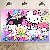 Kawaii And Friends Birthday Decorations Happy Birthday Banner Backdrop for Kids Birthday Party Supplies (5x3ft)