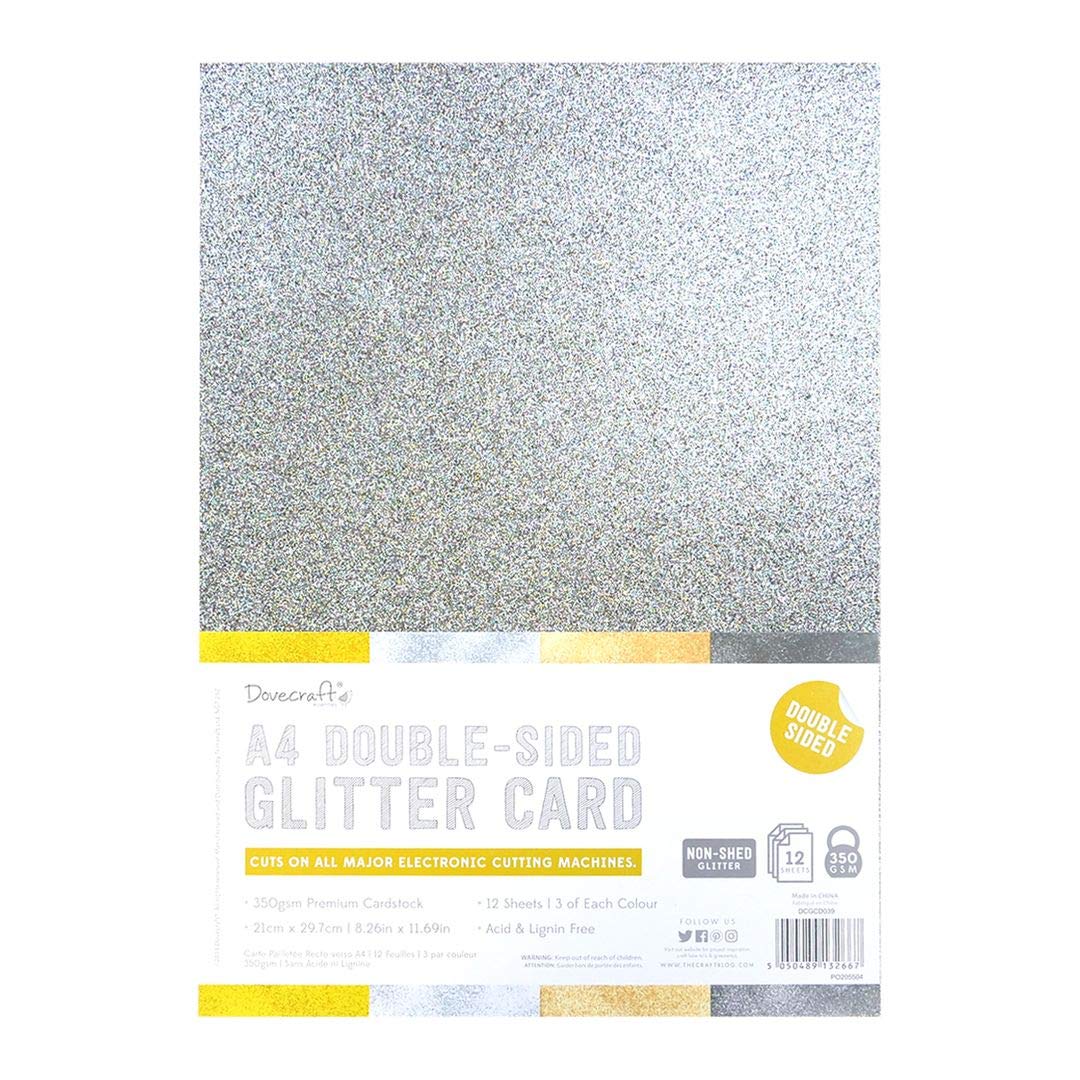 Dovecraft A4 Double-Sided Glitter Card Gold, Silver, Rose Gold and Gunmetal - 350 GSM - Non Shed for Cricut, Brother and Silhouette for Party, Papercraft, Stationery and Home Décor, Metallic (12 Pack)