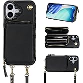 Bocasal Crossbody Wallet Case for iPhone 17, RFID Blocking Leather Purse Case with Card Holder, Protective Handbag Flip Cover with Zipper Wrist Strap Lanyard for Women 5G 6.3 Inch (Black)