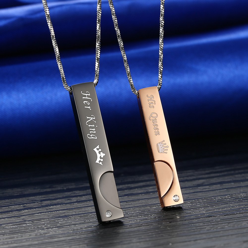 Gagafeel Couple Distance Relationship Bar Necklace His King Her Queen Heart Matching Set Stainless Steel Pendant Snake Chain (His Queen Her King)
