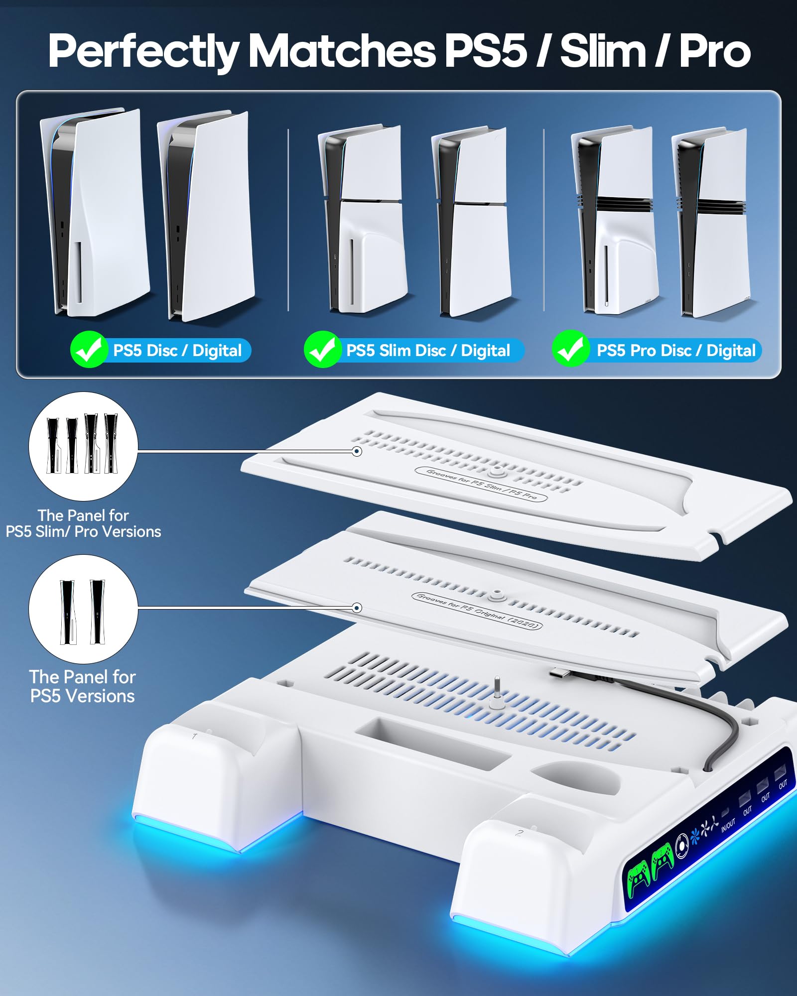 PS5/ Slim/Pro Stand for Disc & Digital Console, PS5 Cooling Station with Dual Controller Charging Station for PlayStation 5 Console, 3-Level Fan PS 5 Controller Charger Accessories Stand-White