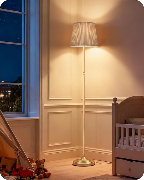 GOEBLESON DIMMABLE FLOOR LAMP FOR LIVING ROOM, 68″ TALL STANDING LAMP, READING LIGHT WITH REMOTE & FOOT PEDAL, 10W LED BULB (3000K-6500K) INCLUDED, FCC LISTED, REINFORCED BASE, GOLD AND BEIGE DE12LD05