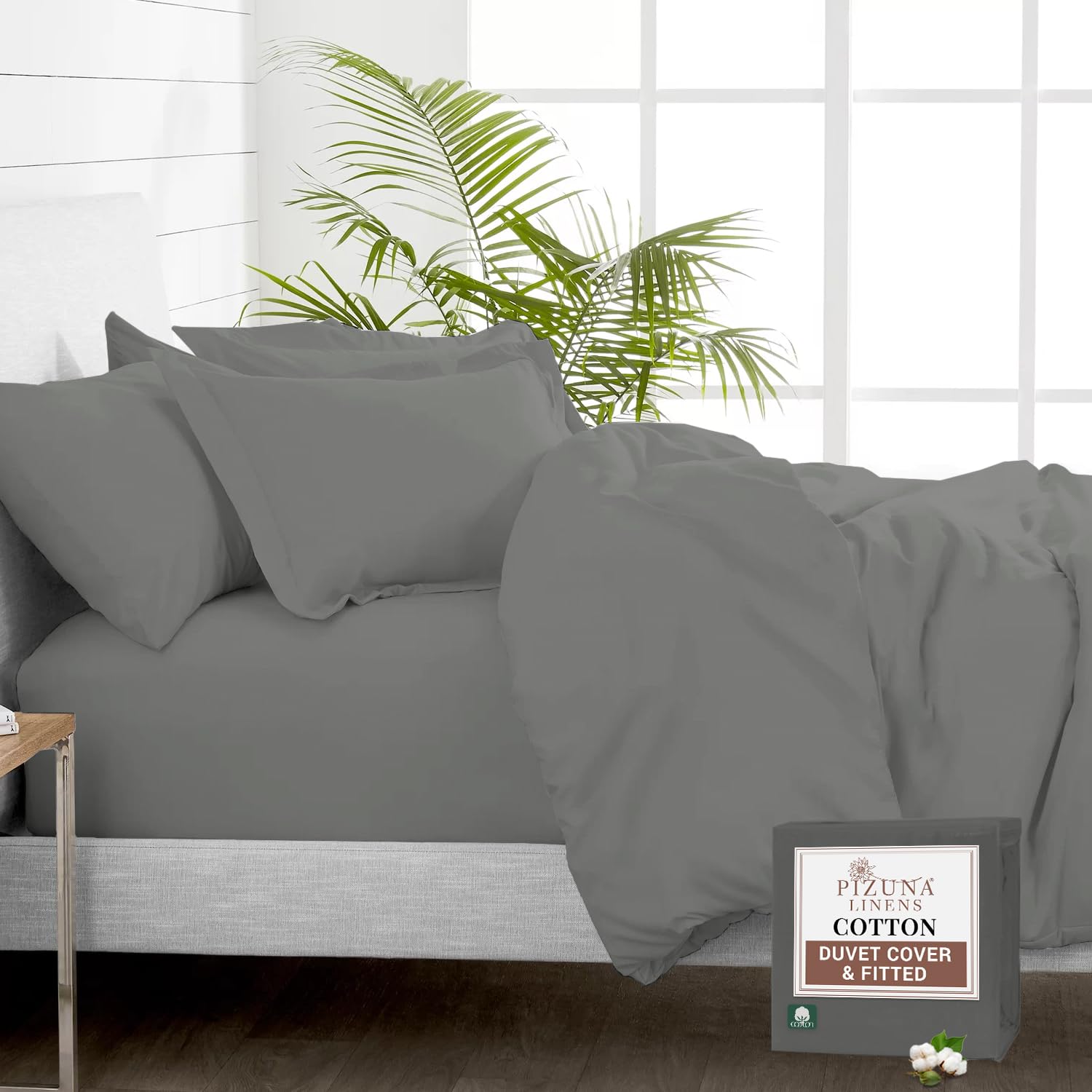 Pizuna Pure 100% Cotton Emperor Duvet Cover with Emperor Fitted Sheet Dark Grey, 400 Thread Count Long Staple Cotton Bedding Set, Soft Sateen Weave Quilt Cover Set & 40 cm Deep Fitted Sheets