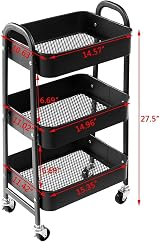 DOWORKS Storage Trolley on Wheels 3 Tier Metal Cart Kitchen Craft Books Black view 7