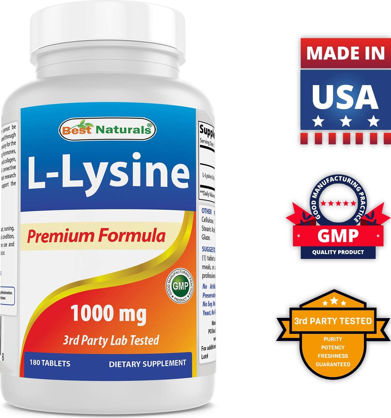 Best Naturals L-Lysine 1000mg 180 Tablets - Double Strength Lysine for stronger immune health & cold sores: Health & Personal Care