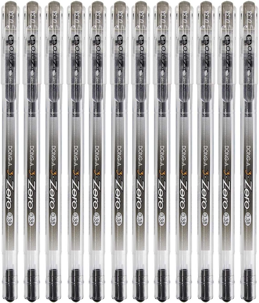 Treeding Gel Ink Rollerball Pens, Dong-a Zero 0.38 mm, Fine Point Fine Tech Excellent Smooth Writing, Metal Tip Assorted Ink Pen Black - 12 Pack
