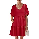 Caracilia Dresses for Women Summer Casual 2026 Ruffle Short Sleeve A Line Tiered Flowy Cute V Neck Mini Beach Dress Pockets
