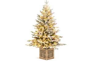 GOFLAME 4FT Pre-Lit Artificial Entrance Christmas Tree, Snow Flocked Potted Xmas Tree with 231 Branch Tips, 100 LED Lights, 1