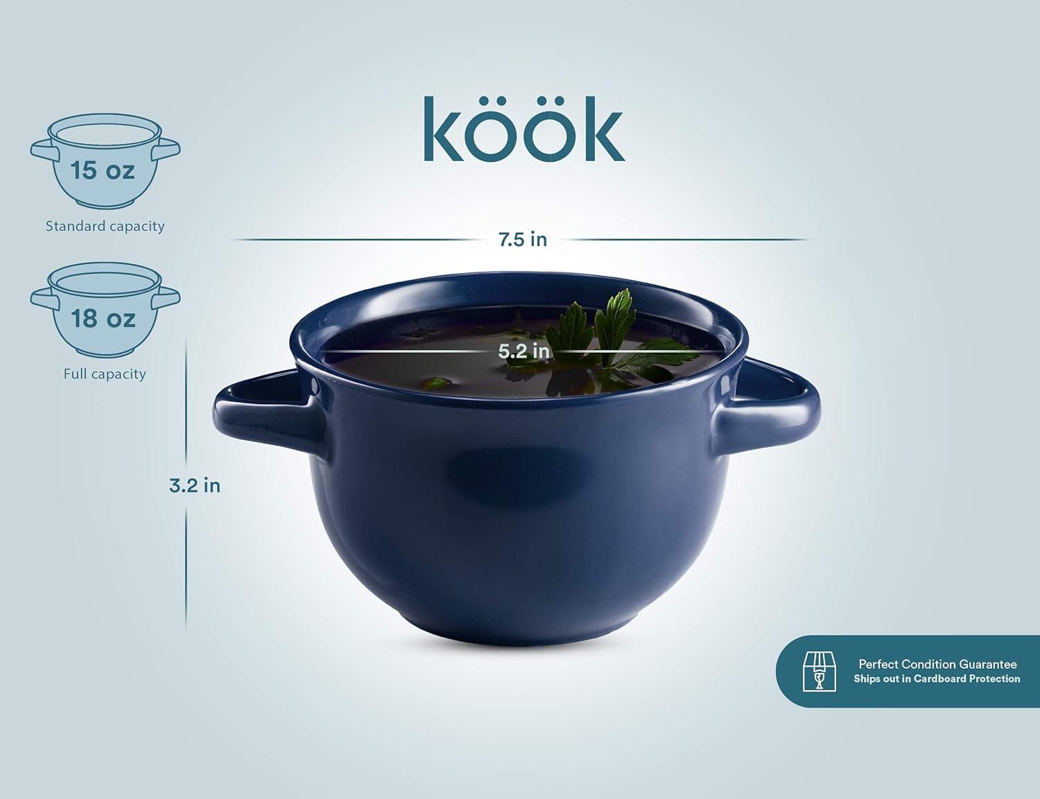  | Soup Crocks with Handles, Ceramic Make, Soup, Chilli, by KooK, Blue, Set of 4, 18 oz: Soup Bowls