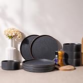 LERATIO Stoneware Dinnerware Sets for 4,12-Piece Matte Plates and Bowls Set | Handmade High Edge Rim Dish Set,Oven &amp; Microwave,Dishwasher Safe,Scratch Resistant-Ashen