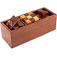 Artncraft 3-in-One Wooden Puzzle Games Set - 3D Puzzles for Teens and Adults - Includes Wood Interlocking Blocks, Diagonal Burr, and Snake Cube in Storage Box