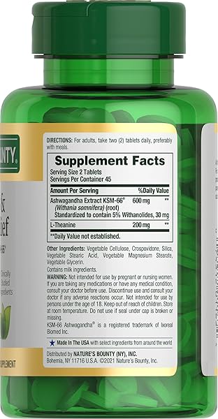 NATURE’S BOUNTY STRESS RELIEF, ASHWAGANDHA KSM-66, SUPPORTS OCCASIONAL STRESS RELIEF, DIETARY SUPPLEMENT, 2 TABLETS PER DAY, VEGETARIAN TABLETS, GLUTEN FREE, 90 CT