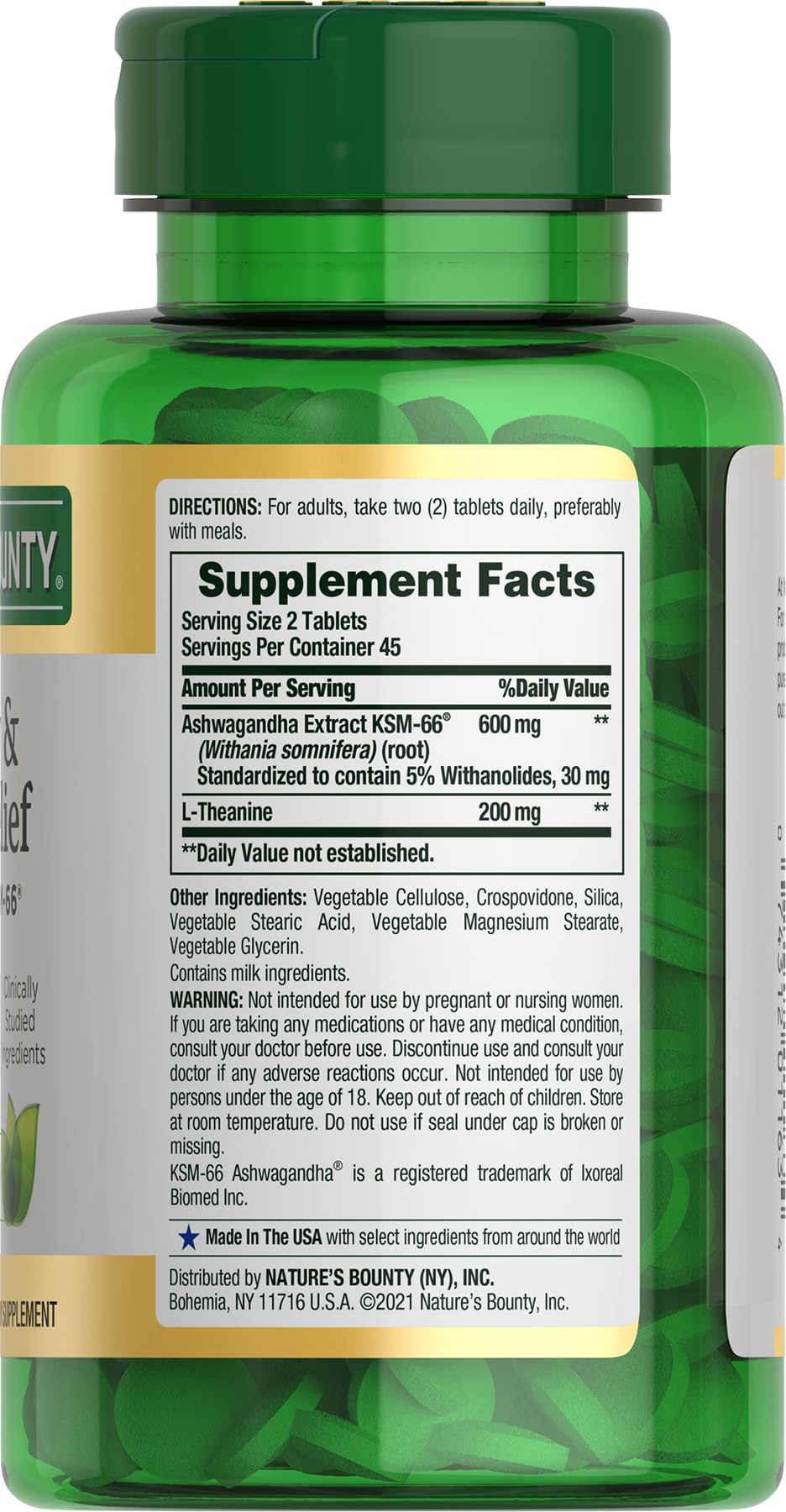 Nature's Bounty Stress Relief, Ashwagandha KSM-66, Supports Occasional Stress Relief, Dietary Supplement, 2 Tablets per Day, Vegetarian Tablets, Gluten Free, 90 Ct