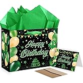 Green and Black Birthday Gift Bag Large Happy Birthday Gift Wrap Bag with Greeting Card and Tissue Paper for Men Women Anniversary Party Favors Boys Girls Goodie Wrapping Decorations Supplies