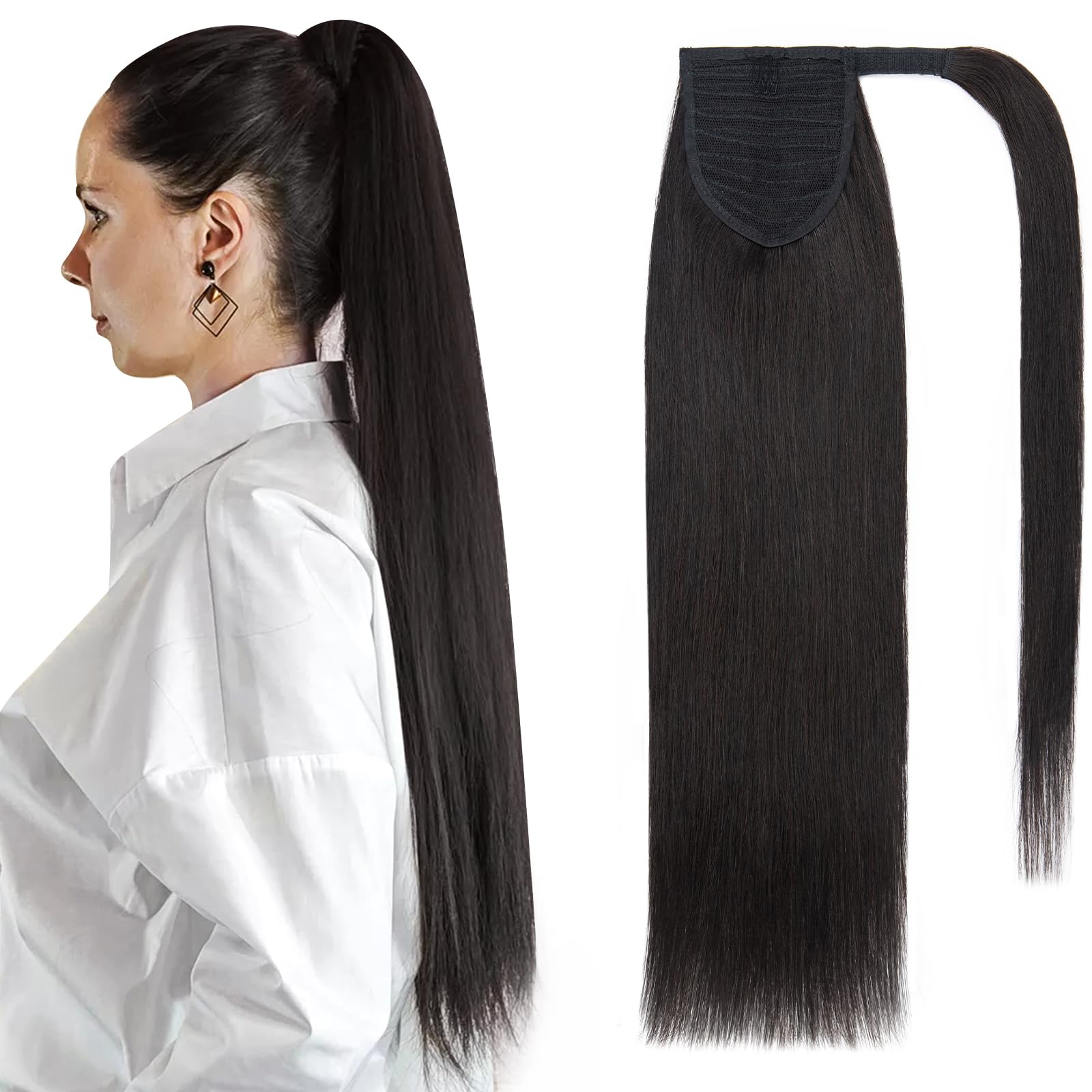 SEGOHAIR Wrap Around Ponytail Human Hair Clip in Ponytail Hair Extensions, 20 inch Long Straight One Piece Clip in Hairpieces Remy Real Human Hair-Off-Black — image 1