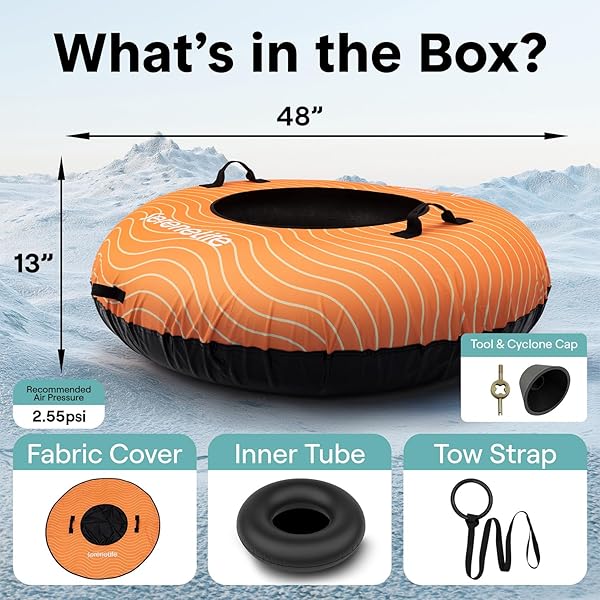 SERENELIFE 48” XL SNOW TUBE FOR SLEDDING – HEAVY DUTY RUBBER INNER TUBE, OXFORD COVER, THICKENED PVC BOTTOM & TOW STRAP – INFLATABLE SNOW SLED FOR KIDS & ADULTS – PERFECT WINTER OUTDOOR FUN GIFT