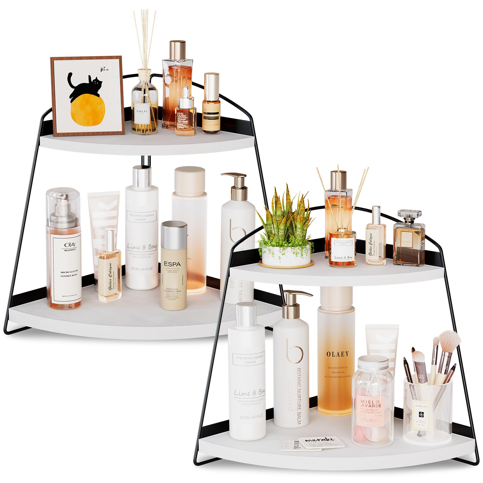 Puricon Corner Bathroom Counter Organizer, 2 Tier Corner Countertop Organizer Vanity Shelf, Wood Bathroom Organizers and Storage for Skincare -White, 2 Pack