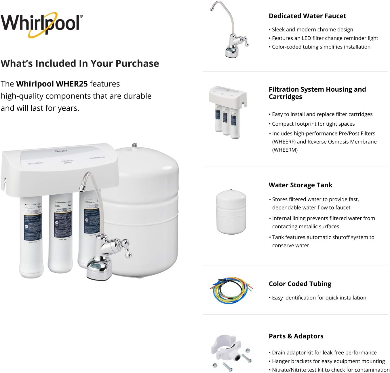 Whirlpool WHER25 Reverse Osmosis (RO) Filtration System With Chrome Faucet | Extra Long Life | Easy To Replace UltraEase Filter Cartridges, White - Undersink Water Filtration Systems - 