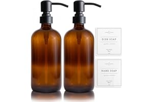 Vine Creations Amber Glass Soap Dispenser, 2 Pack Kitchen Soap Dispenser Set with Stainless Steel Pump, 16 oz Hand Soap Dispenser Bathroom, Dish Soap Dispenser with Waterproof Labels