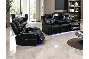 Toseslo Power Recliner Sofa Set with LED Light, Black Leather Sectional Sofa and Chair Set, Living Room Furniture Sets, Modern Power Reclining Sets with Storage Console/Cup Holder for House