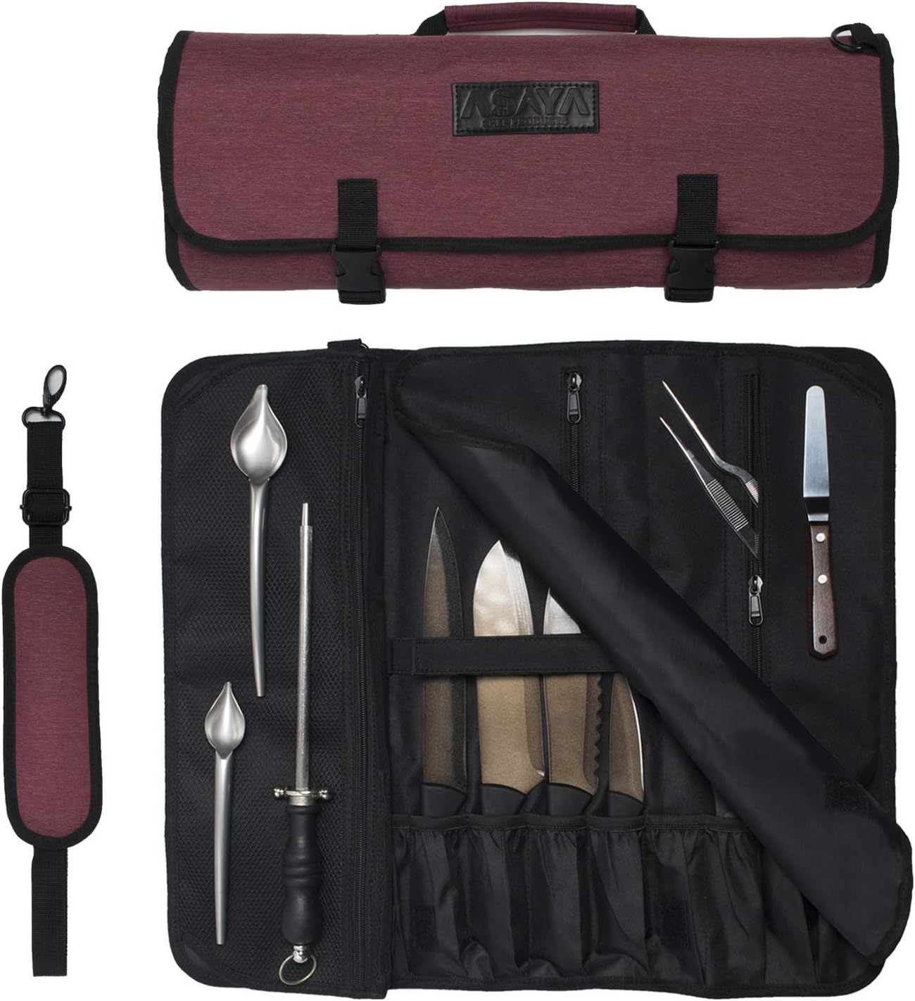 Asaya Chef Knife Roll Bag - 20 Total Pockets for Knives and Kitchen Utensils - Made with Stain Resistant Waxed Nylon - For Chefs and Culinary Students - Knives Not Included(Red): Kitchen & Dining
