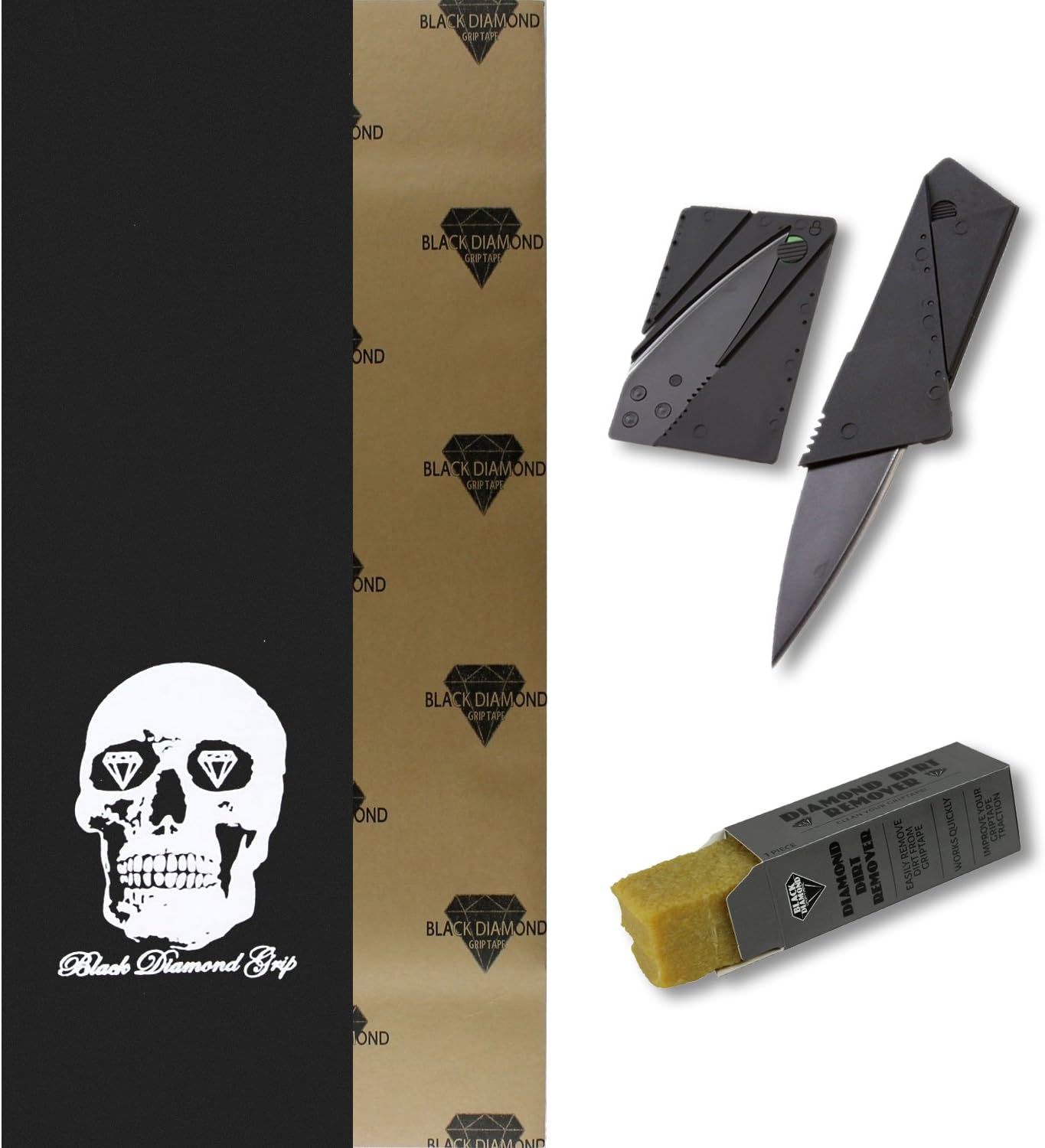 Black Diamond Skateboard Griptape 9" x 33" Grip Tape + Grip Knife + Grip Cleaner