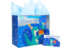 LaRibbons 13" Large Dinosaur Birthday Gift Bag with Tissue Paper and Greeting Card, Blue with Holographic Design, Perfect for