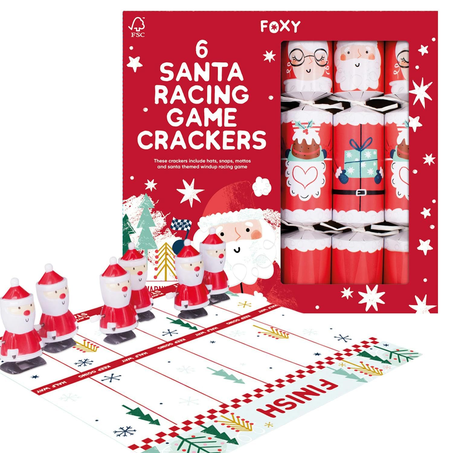 Celebration Crackers – 6 x 12-Inch Foxy Santa Racing Game Christmas Crackers – FSC Certified, Recyclable Packaging, Wind-Up Santa Racers for Family Fun