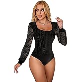 sunshinelady Women's Plus Size Bodysuits Long Sleeve Square Neck Bodysuit Lace Floral Top Breathable Sheer Leotard S-2XL