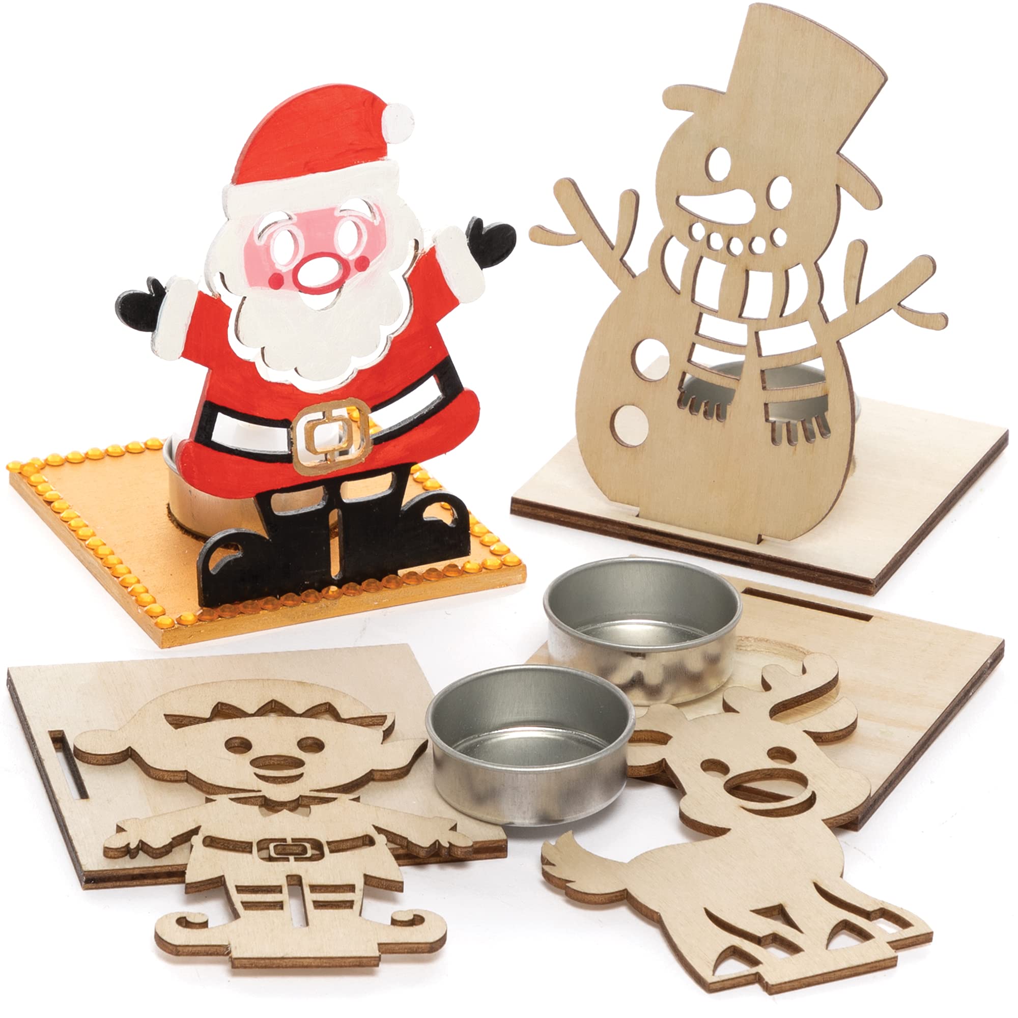 Baker Ross FC286 Christmas Wooden Tealight Kits - Pack of 4, Tealight Holder to Decorate and Display, Wooden Crafts for Children, Ideal Christmas Arts and Crafts Project