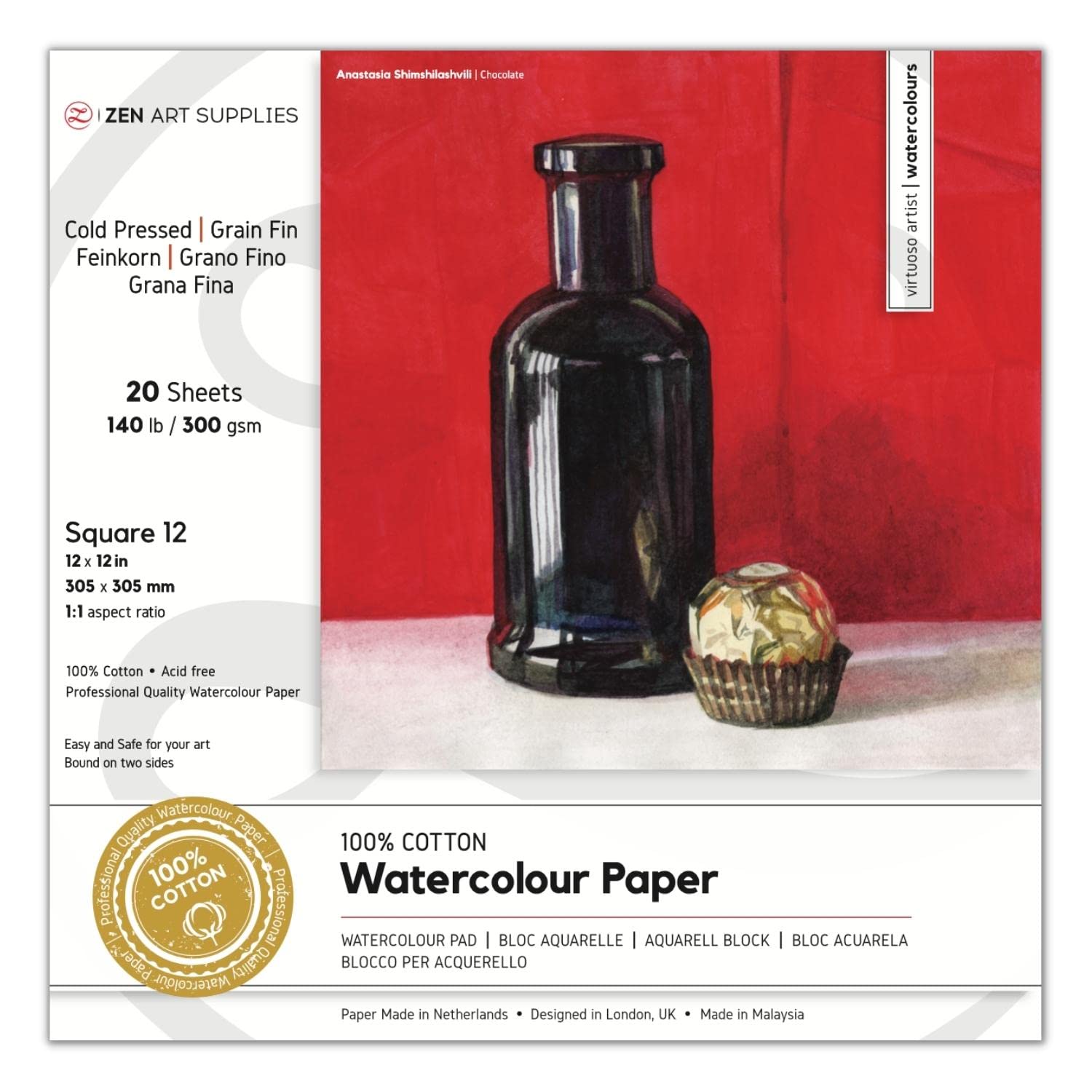 Watercolour Paper Pad (Glued Block) A4+ Square (30 × 30 cm) – ZenART 100% Cotton, Cold Pressed Watercolour 300gsm, Archival, Vegan Sized for Vibrant Colours, 20 Sheets for Water Colour & Wet Media