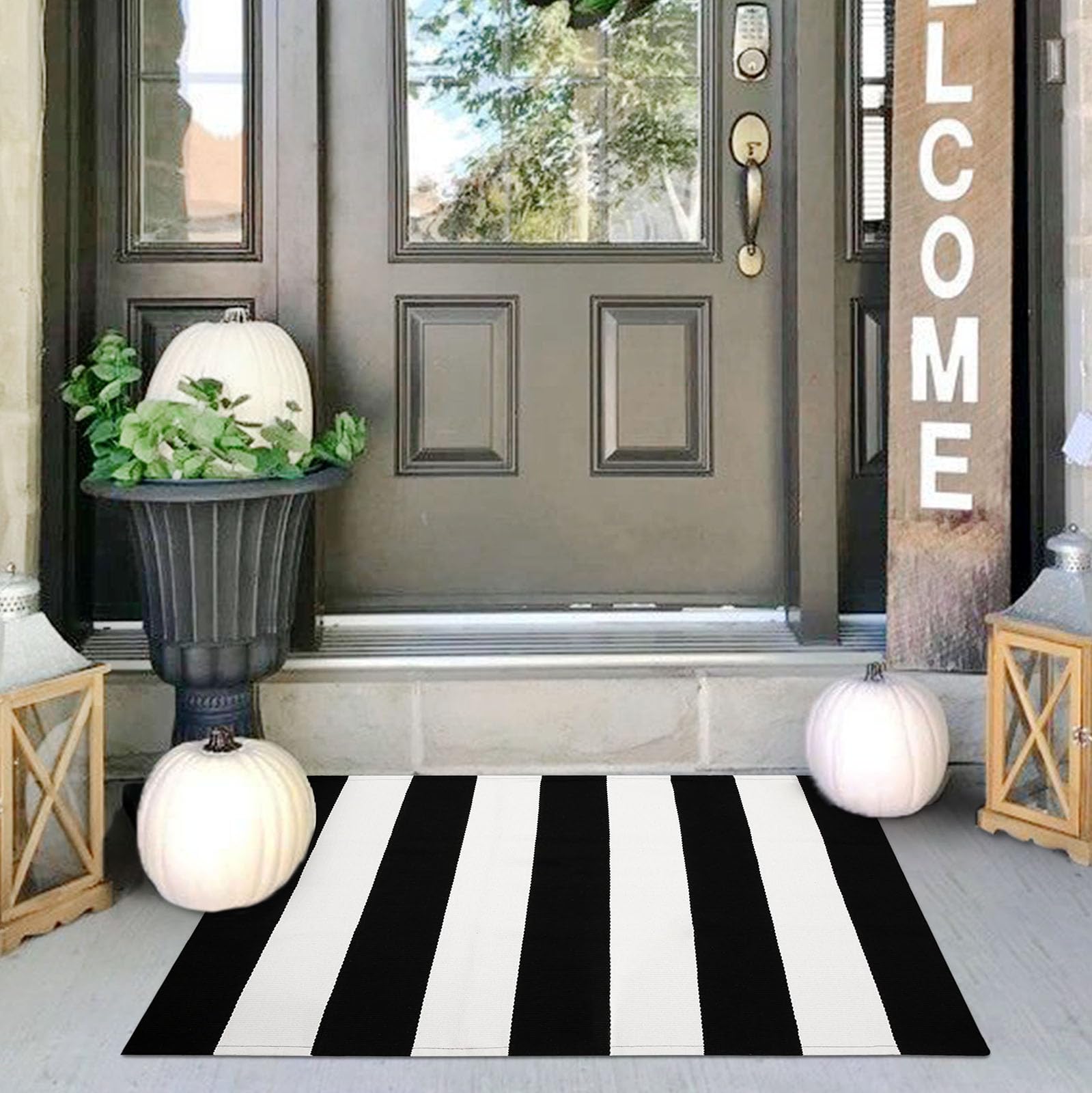 Photo 1 of IOHOUZE Black White Striped Rug -24" x36“ Front Door Mats Outdoor,Washable Rug for Front Porch Decor,Spring Summer Welcome Mats Outdoor Indoor, Doormat for Farmhouse/Entryway/Home Entrance