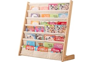 CHUBANCRAFT Wooden Bookshelf for Kids Wood Bookrack Canvas Book Storage Shelf Display Bookshelf 6 Tier Kids Book Rack for Bedroom Living Room Playroom Storage Organizer Natural (29.52" L x 11.81" W x 31.10" H)
