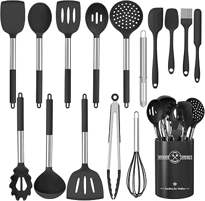 Set di 16 utensili da cucina in silicone, resistenti al calore, con manici in acciaio inox di alta qualità, per cucinare e cuocere, spatole antiaderenti