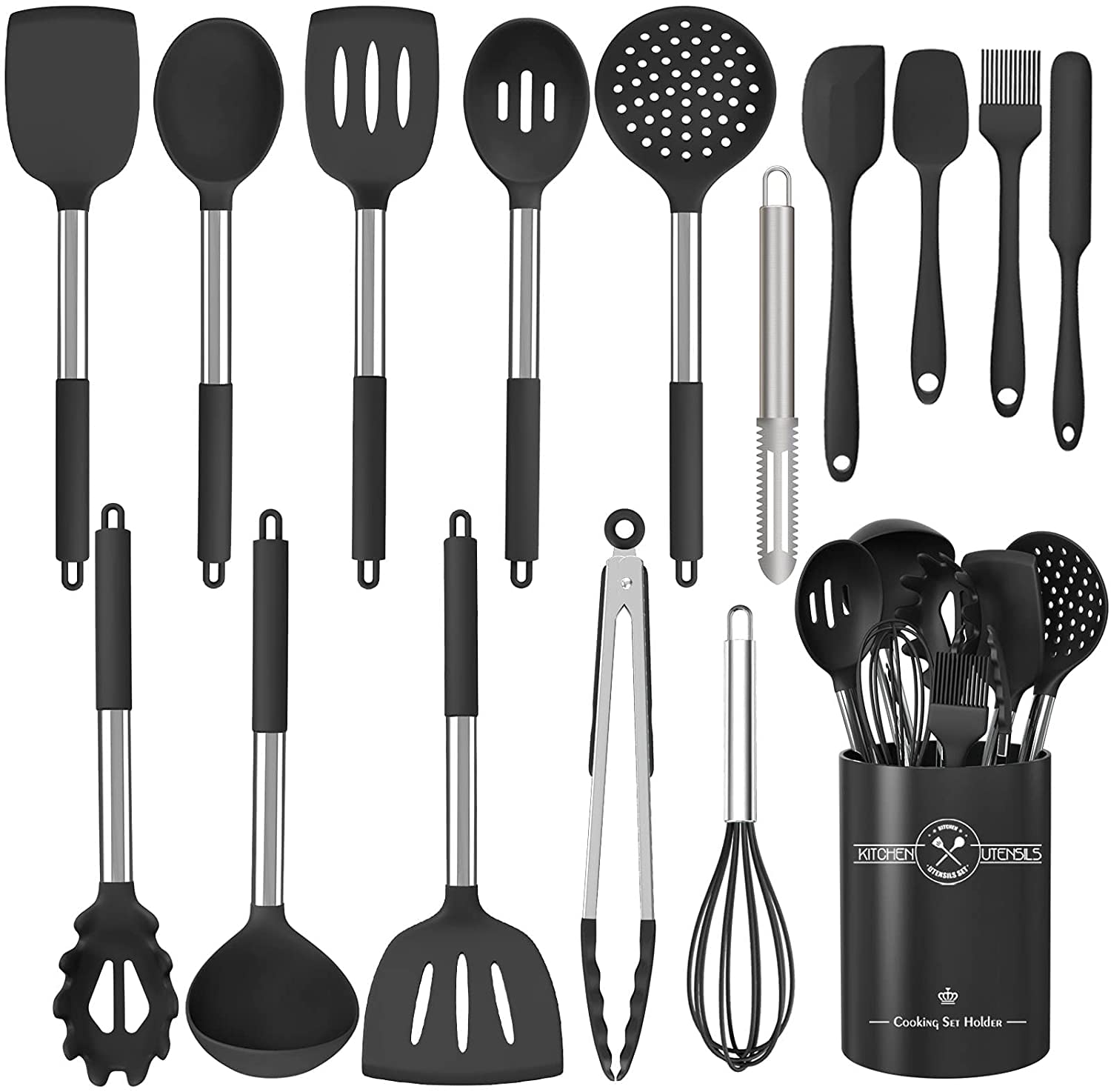 16 PCS Silicone Kitchen Cooking Utensils Set, Heat-Resistant Utensil Set with Premium Stainless Handles for Cooking and Baking, Non-Stick Spatula Kitchen Gadgets Cookware Set