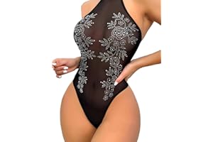 Girece Women Teddy Lingerie Sexy Mesh Bodysuit Halter Snap Crotch Body Suits Sheer Emboroidered One Piece Babydoll