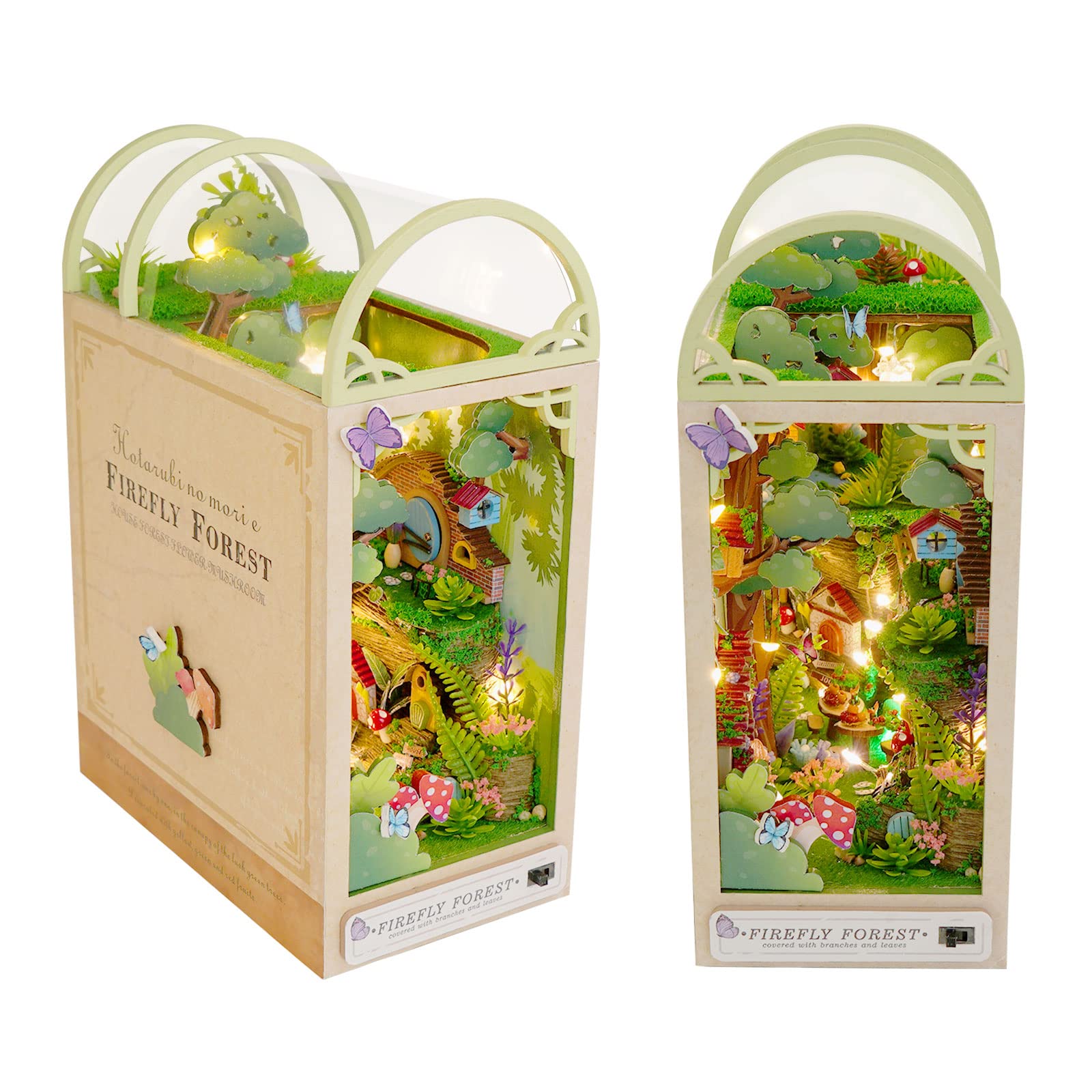 Cuteefun DIY Book Nook Kit, Bookend Shelf Insert, Wooden Book Nook Dollhouse Kit, DIY Miniature Dolls House Kit for Adults to Build, Make Your Own Craft House Model (Forest of Fireflies)