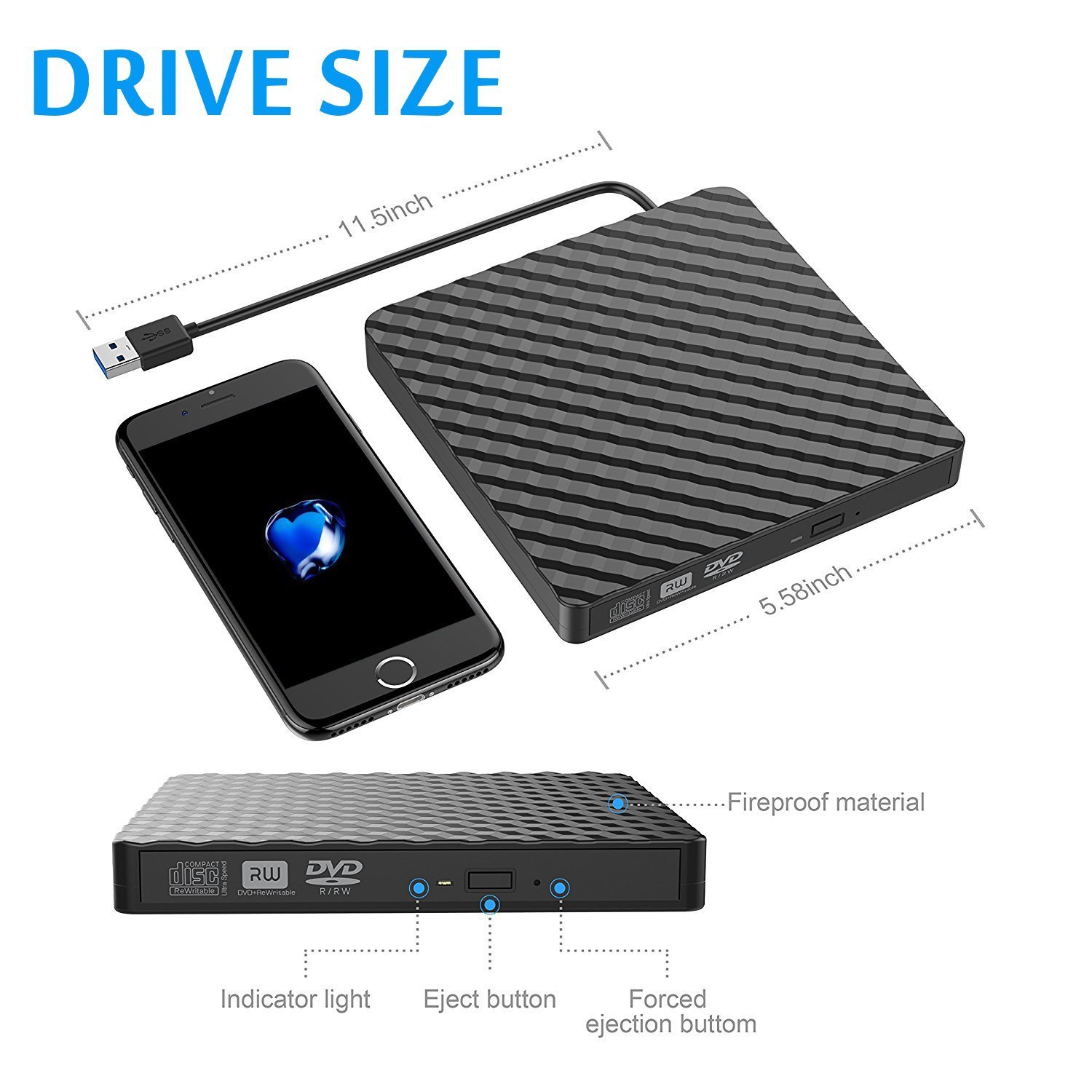 Masterizzatore Ultra DVD USB 3.0, Amotus DVD-RW DVD / CD portatile esterno Slim, 9,5 millimetri, SuperDrive per tutti i PC laptop / desktop di Windows e Mac OS per MacBook, MacBook Air, iMac - Nero