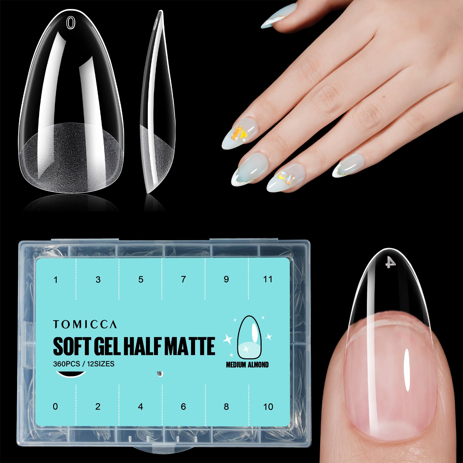 TOMICCA Medium Almond Nail Tips, 360PCS Clear Half Matte Full Cover for Extensions, Pre-Buff No File Traceless for Nail Art Salon and Home DIY, 12 Sizes — image 1