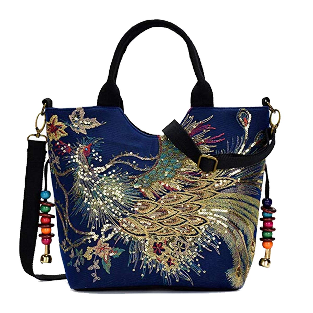 Puyang Women Sequins Peacock Embroidery Ethnic Handbag Crossbody Purse Ladies Canvas Tote Shoulder Bag with Pendants(Blue)