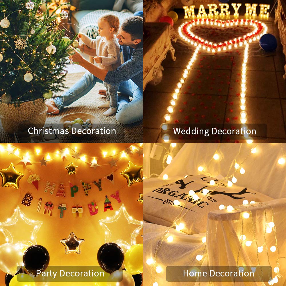 Globe Ball String Lights 16.4ft 50 LED Warm White Globe lights Battery Operated Fairy string Lights with 8 Modes and Timer Remote Control for Bedroom, Garden, Christmas, Wedding, Party