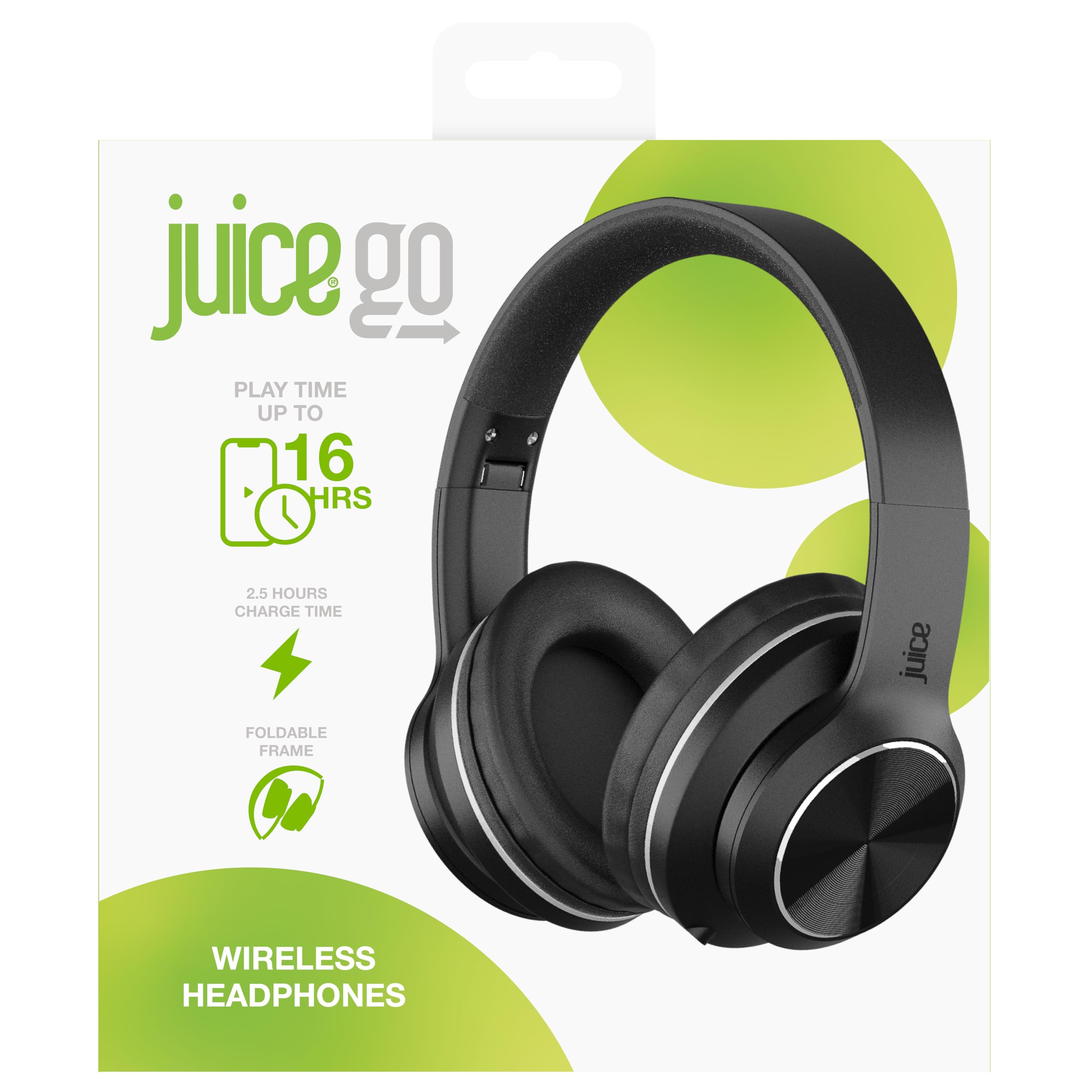 Juice Cans Go Wireless Headphones – Bluetooth Over Ear Headphones with 16H Playtime, Foldable Design, On-Ear Controls, AUX Cable for Wired Use – Black