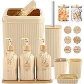 Bathroom Set 17PCS Beige Bathroom Accessories Set Bathroom Sets with Trash Can 3PCS Lotion Soap Dispenser, Toothbrush Holder,6PCS Wood Tags Bathroom Accessories for Kitchen Bathroom