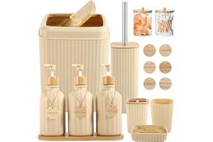 XLHOMO Bathroom Set 17PCS Beige Bathroom Accessories Set Bathroom Sets with Trash Can 3PCS Lotion Soap Dispenser, Toothbrush Holder,6PCS Wood Tags Bathroom Accessories for Kitchen Bathroom
