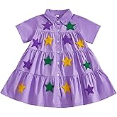 Suolongsama Baby Girl Mardi Gras Outfit Star/Bunny/Carrot A-Line Dress Short Sleeve Button Cute Smocked Toddler Easter Dress
