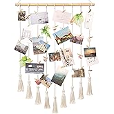 Mkono Teen Girl Room Decor Boho Macrame Hanging Photo Display, Pictures Cards Holder Wall Art for Bedroom Livingroom Dorm Home Teens Women Christmas Birthday Gift, with 40 Wood Clips, 37" L x 23.6''W