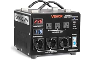 VEVOR Voltage Auto Converter Transformer, 5000VA, Heavy Duty Step Up/Down Power Transformer, 110V to 220V and 220V to 110V, with 3 US Outlets, 3 EU Outlets, LCD Display, Circuit Breaker Protection