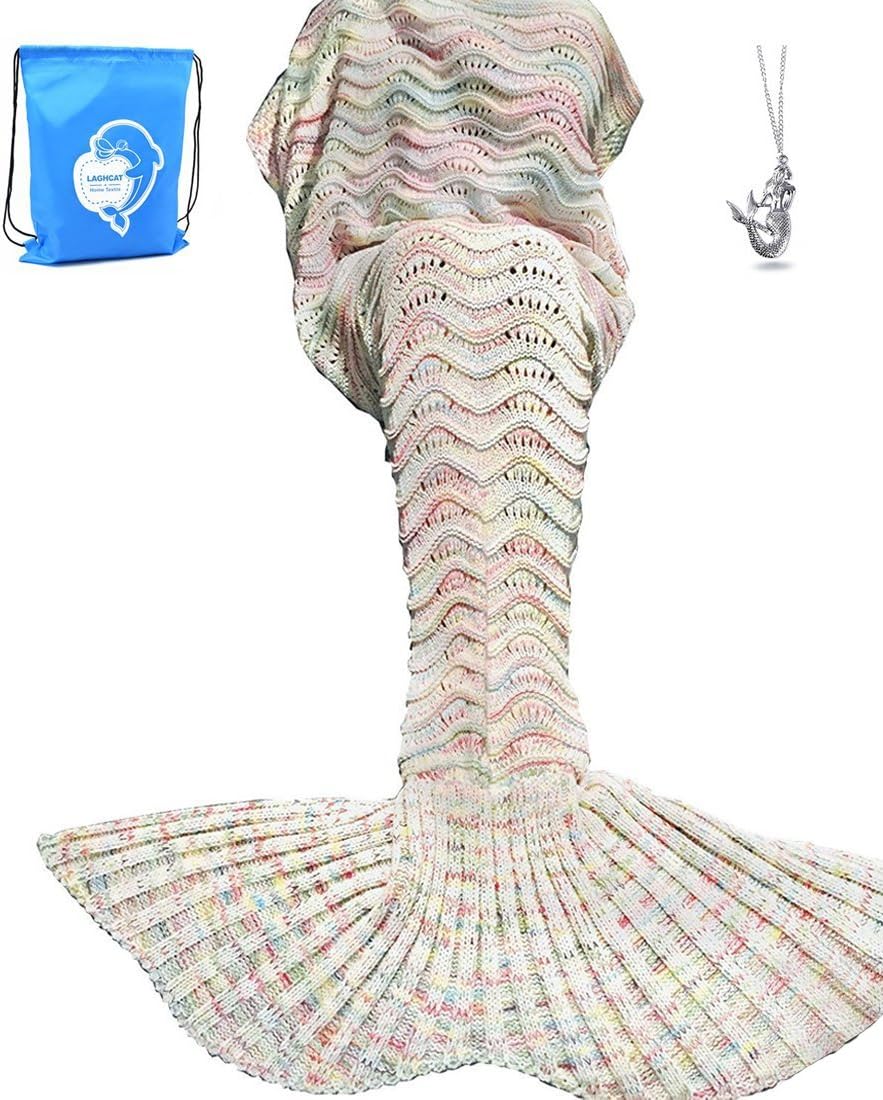 LAGHCAT Mermaid Tail Blanket Knit Crochet Mermaid Blanket for Adult, Oversized Sleeping Blanket, Wave Pattern (75 x 35.5 Inch, Beige)